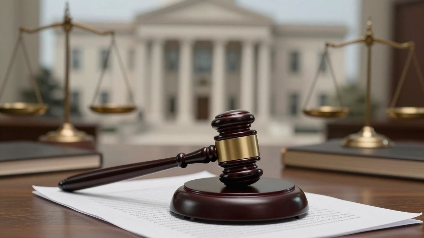 Gavel on legal document with courthouse background.