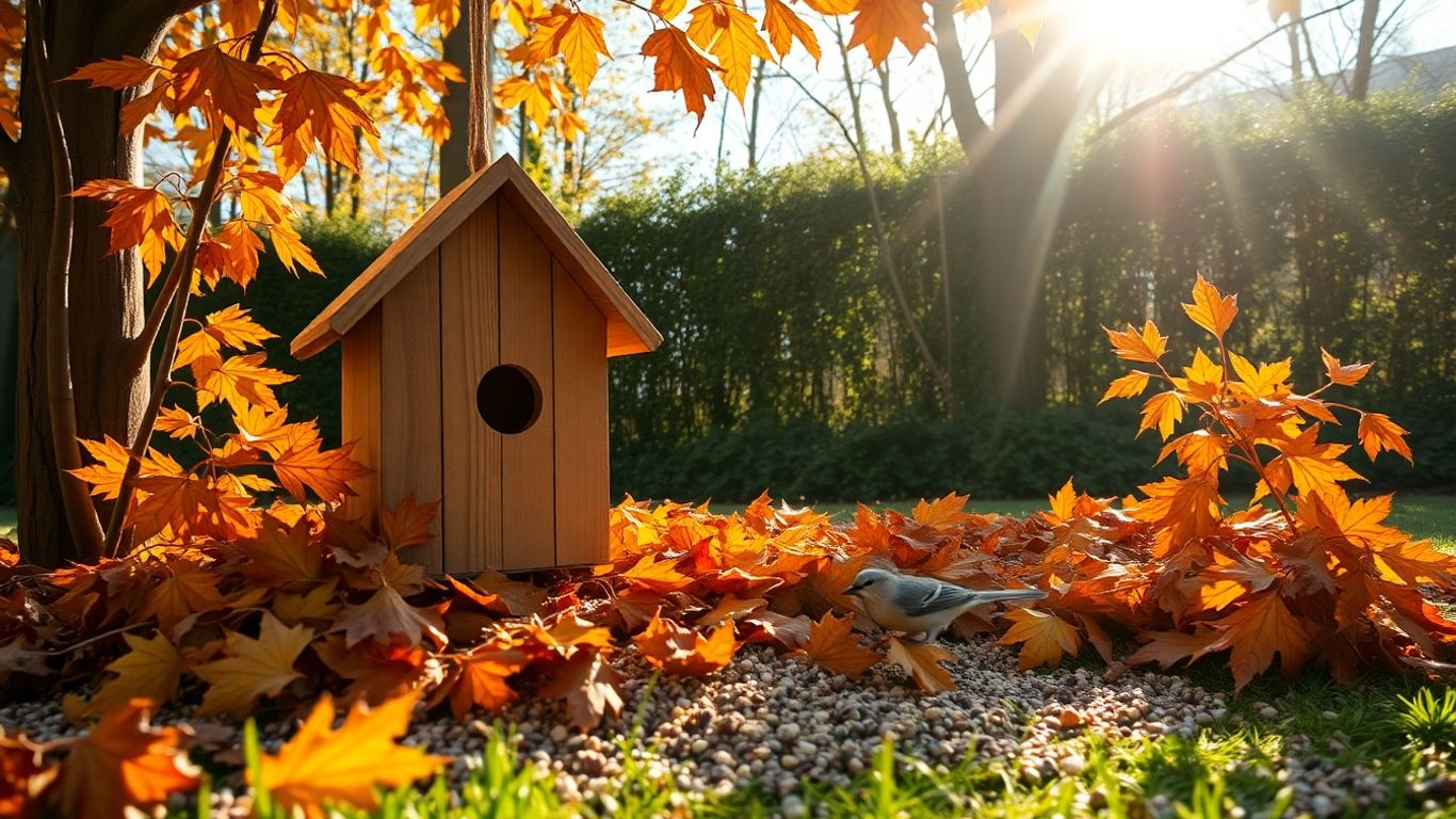 Vogelhaus mit Herbstlaub und Vogelfutter