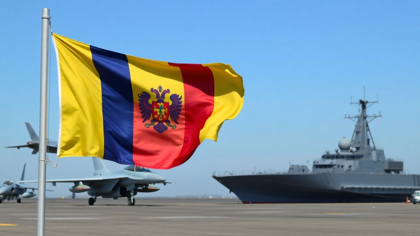 Steagul României, avioane și nave militare moderne.