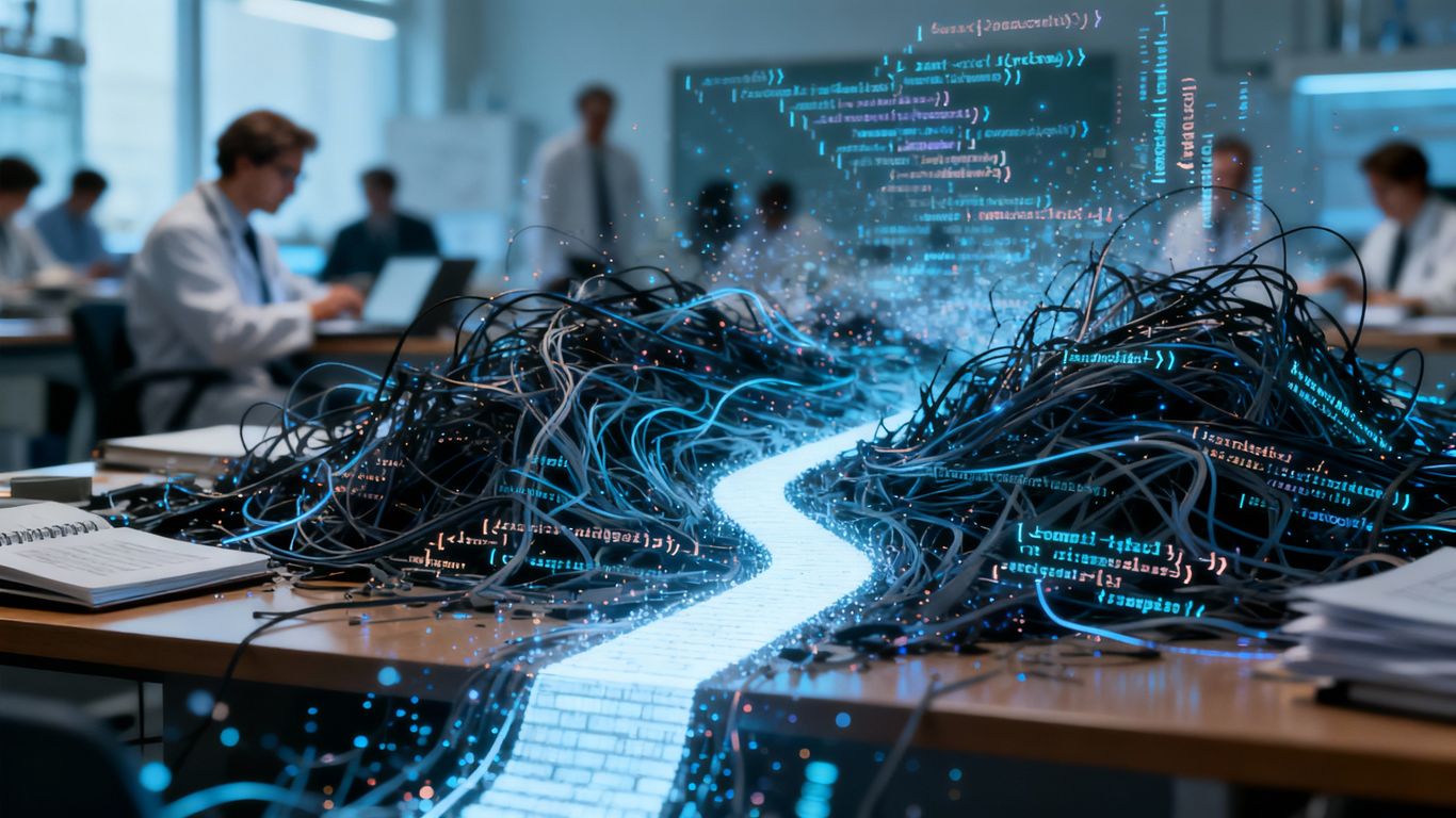 Overwhelmed researcher surrounded by messy AI data streams.