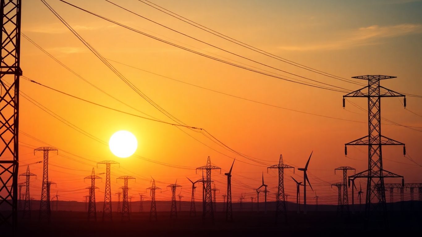Rețea energetică națională cu turbine eoliene și linii electrice.