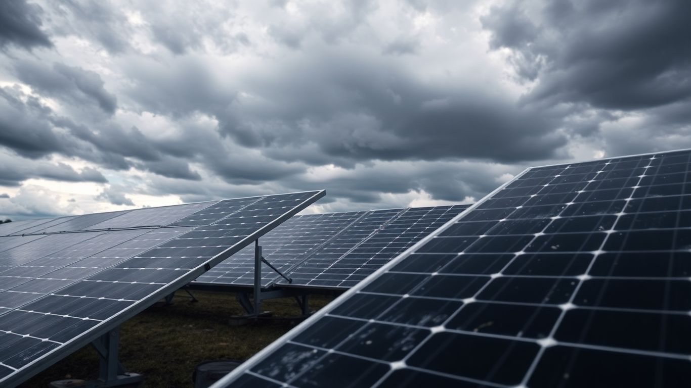Panneaux solaires sous un ciel nuageux, symbolisant l'incertitude.
