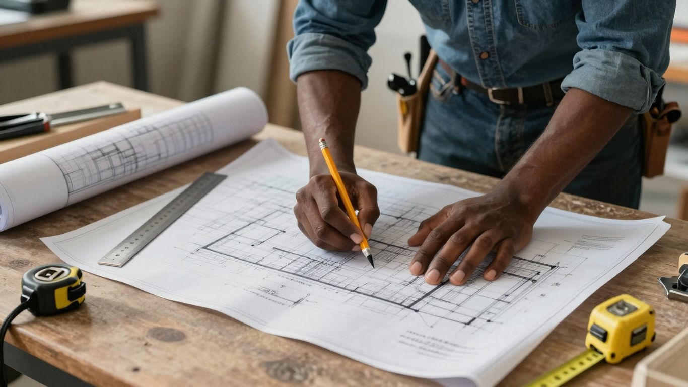 Tradesperson designing a blueprint with tools.