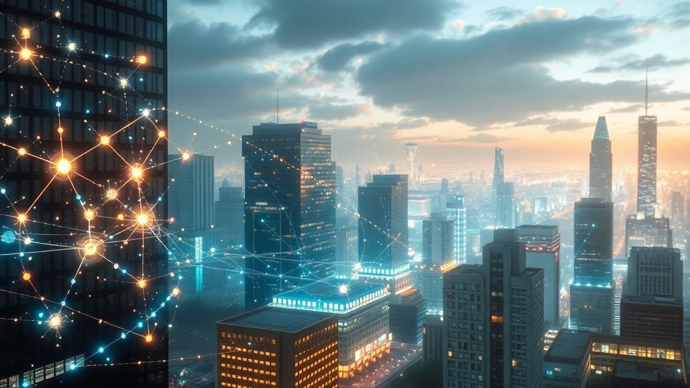 Futuristic cityscape with AI neural networks and light constructs.