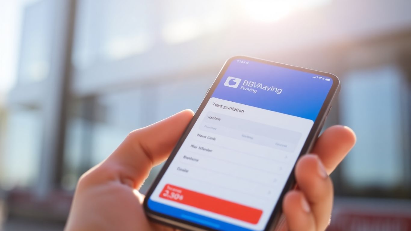 Mano con teléfono mostrando app BBVA, luz brillante.
