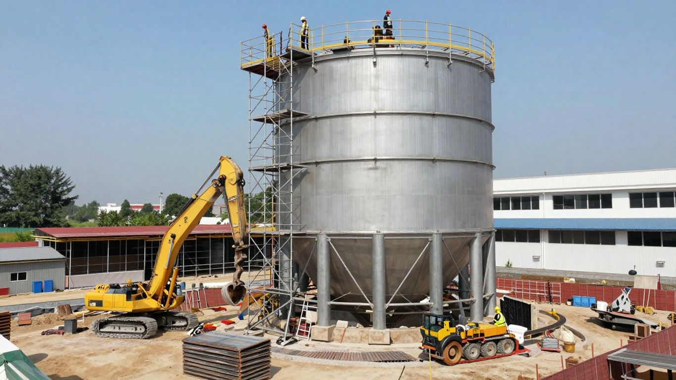 Construction of a large industrial clarifier tank.