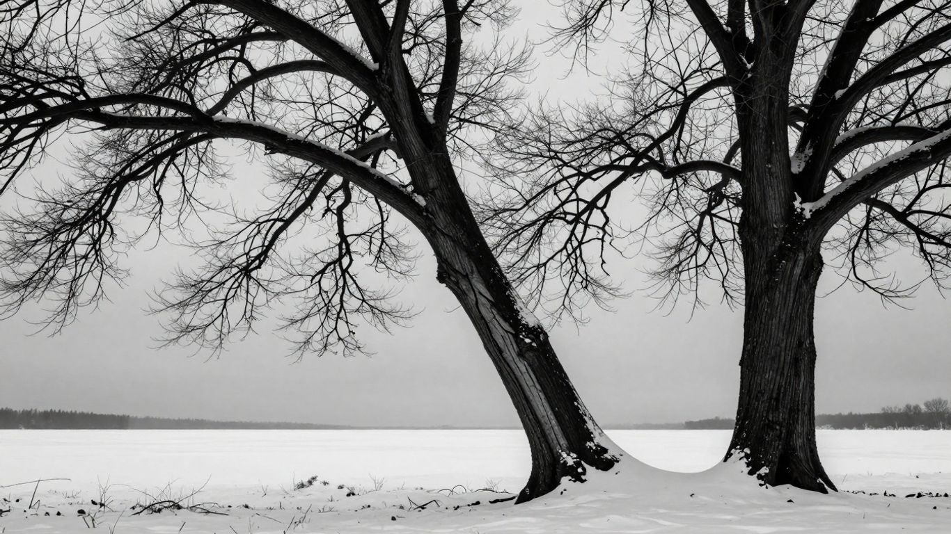 Winter tree with visible cracks and leaning dangerously.