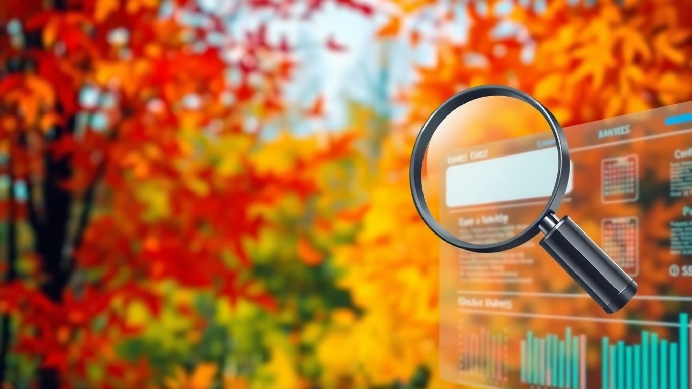 Autumn leaves and magnifying glass over digital interface.