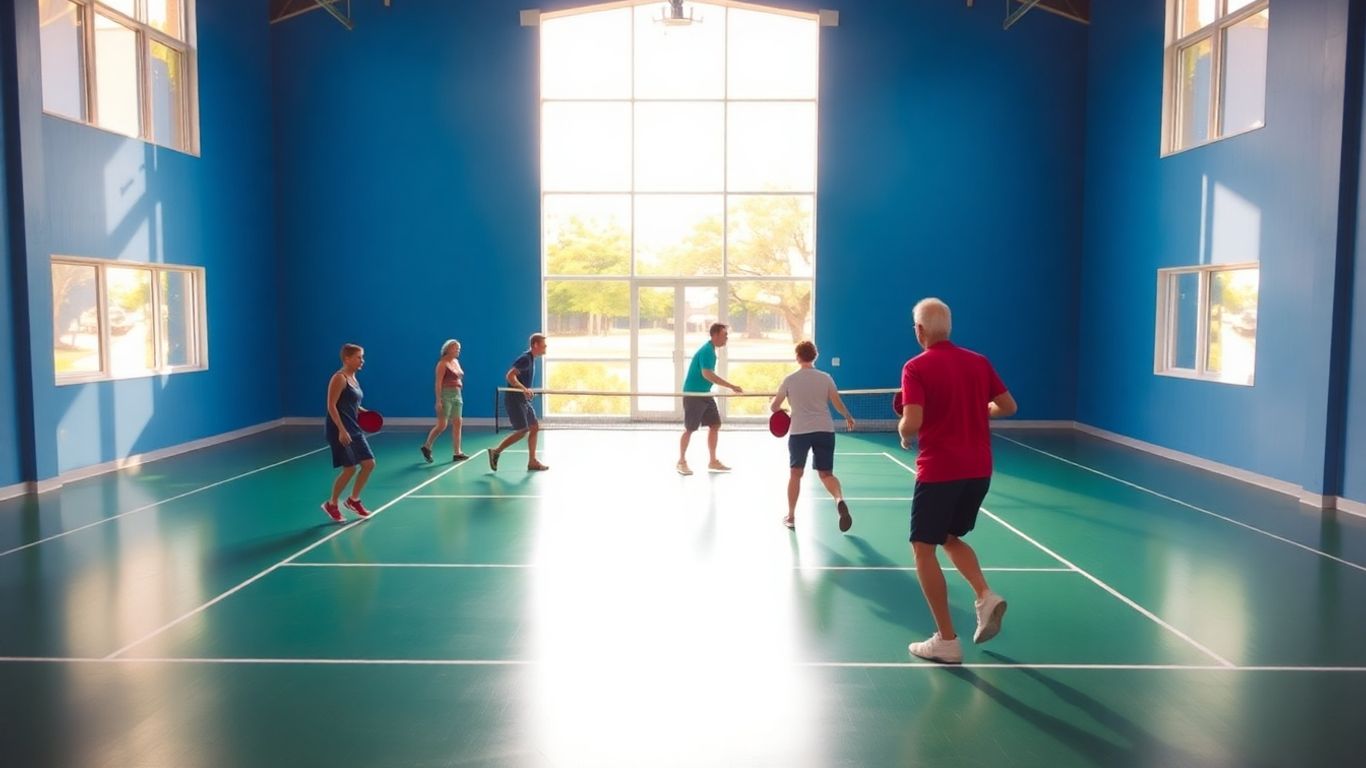 Indoor pickleball court with players in action.