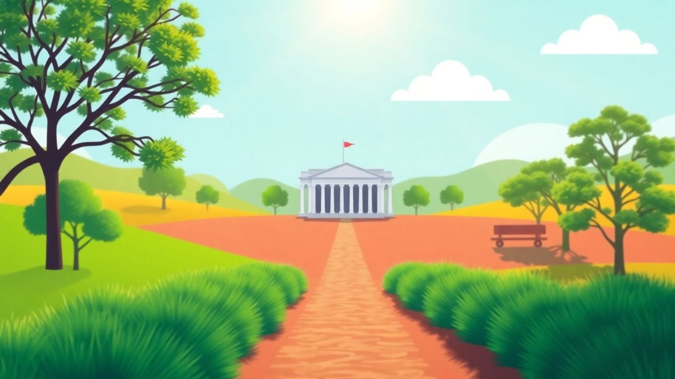Australian landscape with government building and financial symbols.