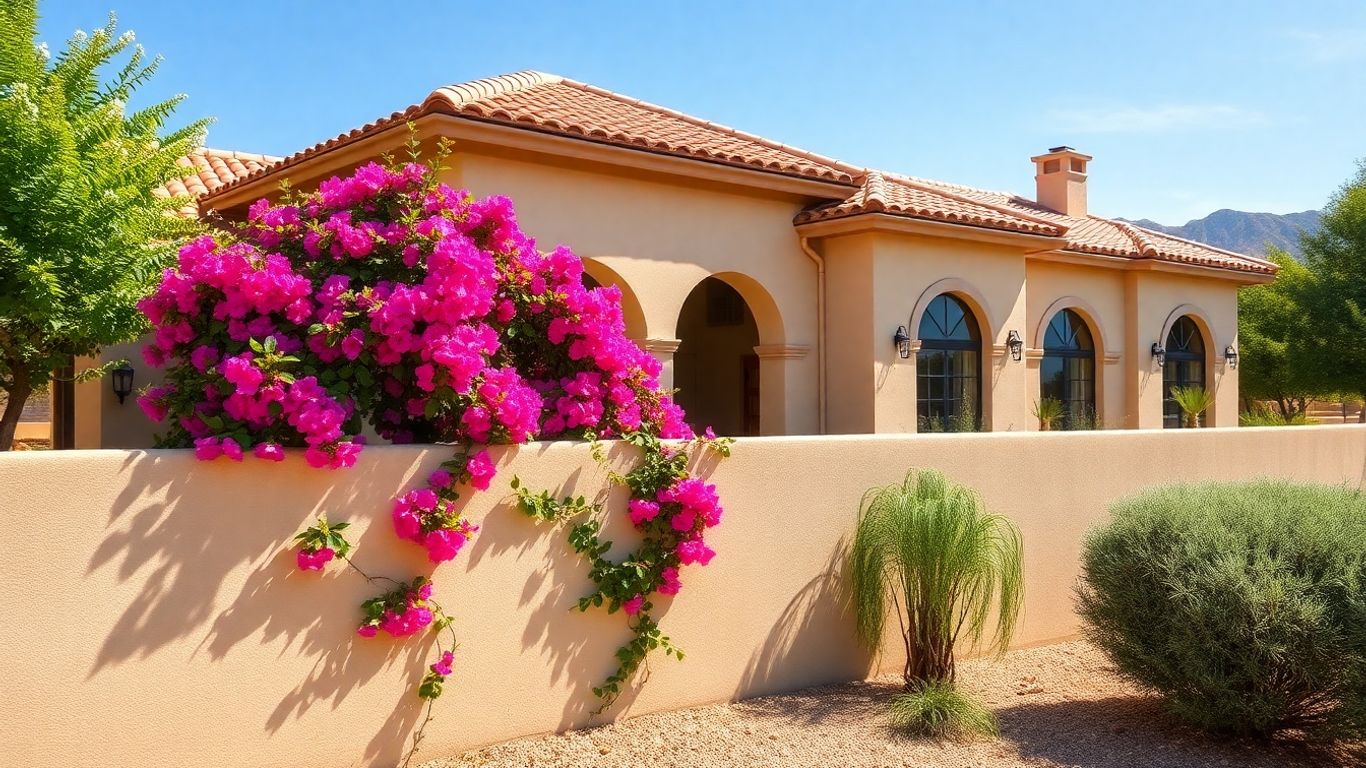 Spanish Colonial estate with terracotta roof and arches.