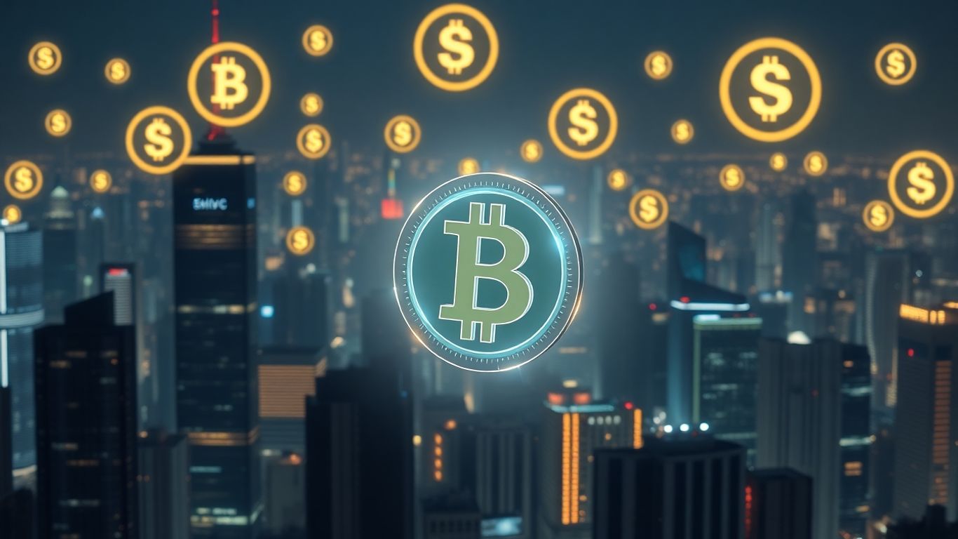 Futuristic cityscape with glowing cryptocurrency symbols and stablecoin.