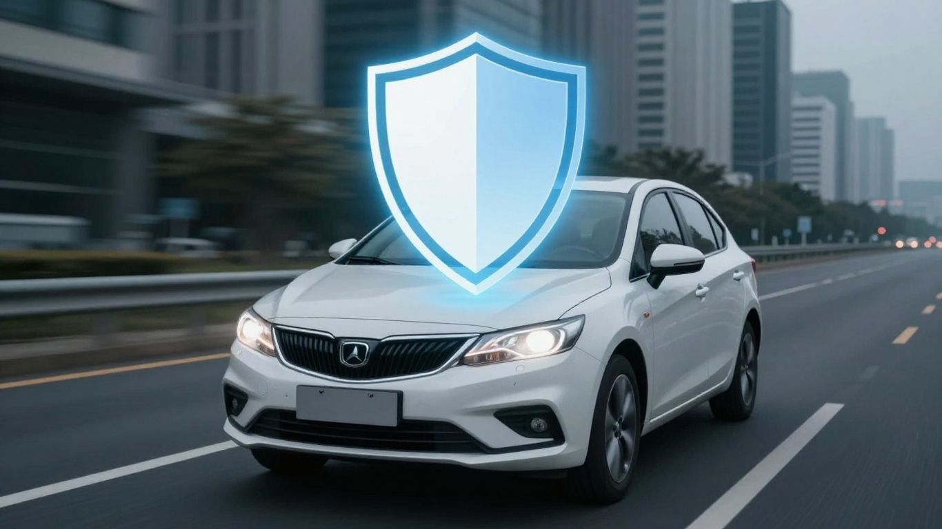 Car protected by a shield icon on a road.