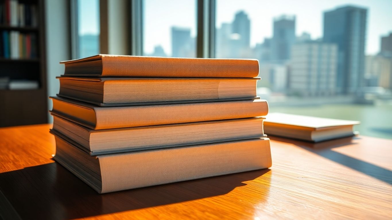 Stack of finance books on a desk.