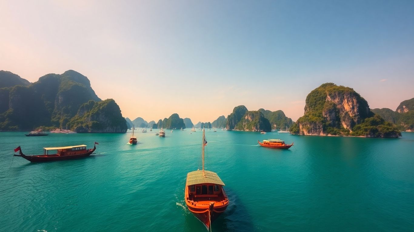 Halong Bay Vietnam with boats and lush islands