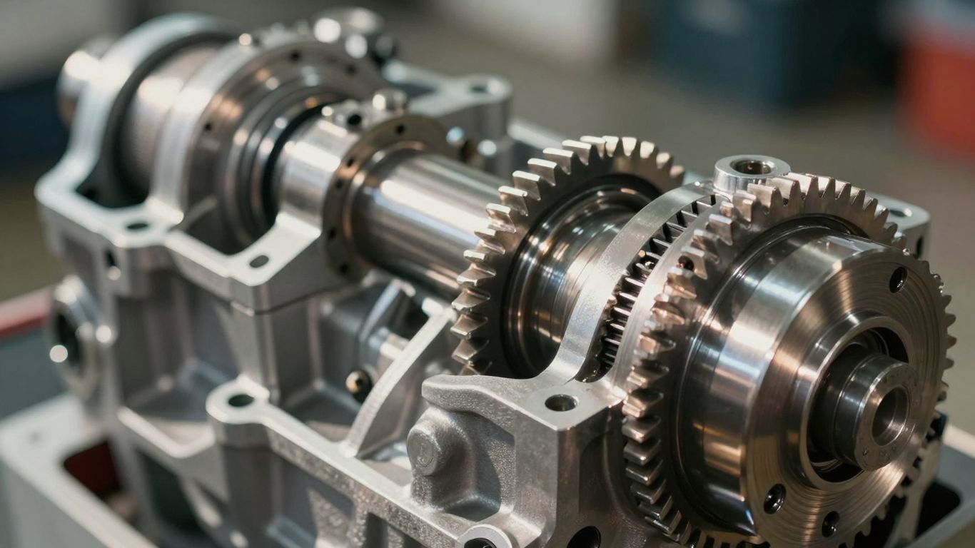 Automotive gearbox with intricate metal gears.