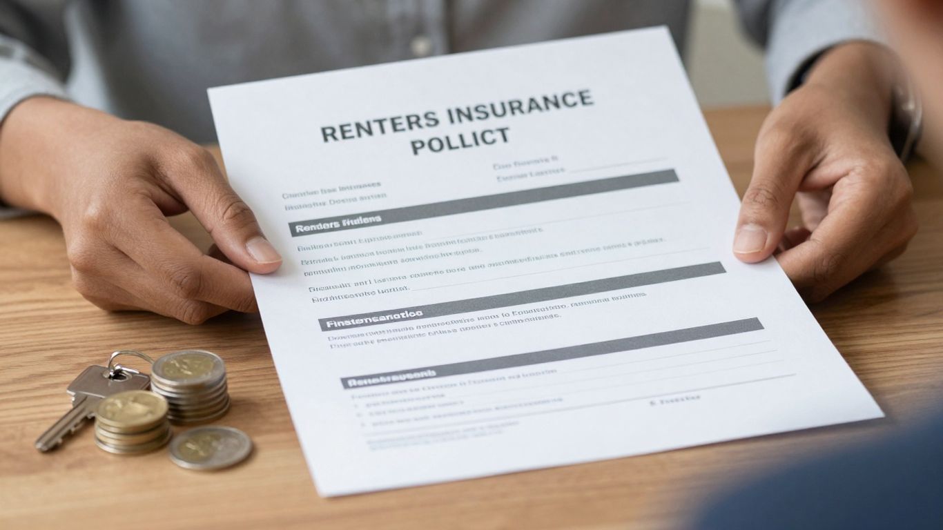 Renters insurance policy with coins and house key.