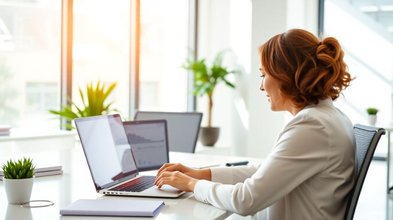 Person using laptop with financial data on screen in office.