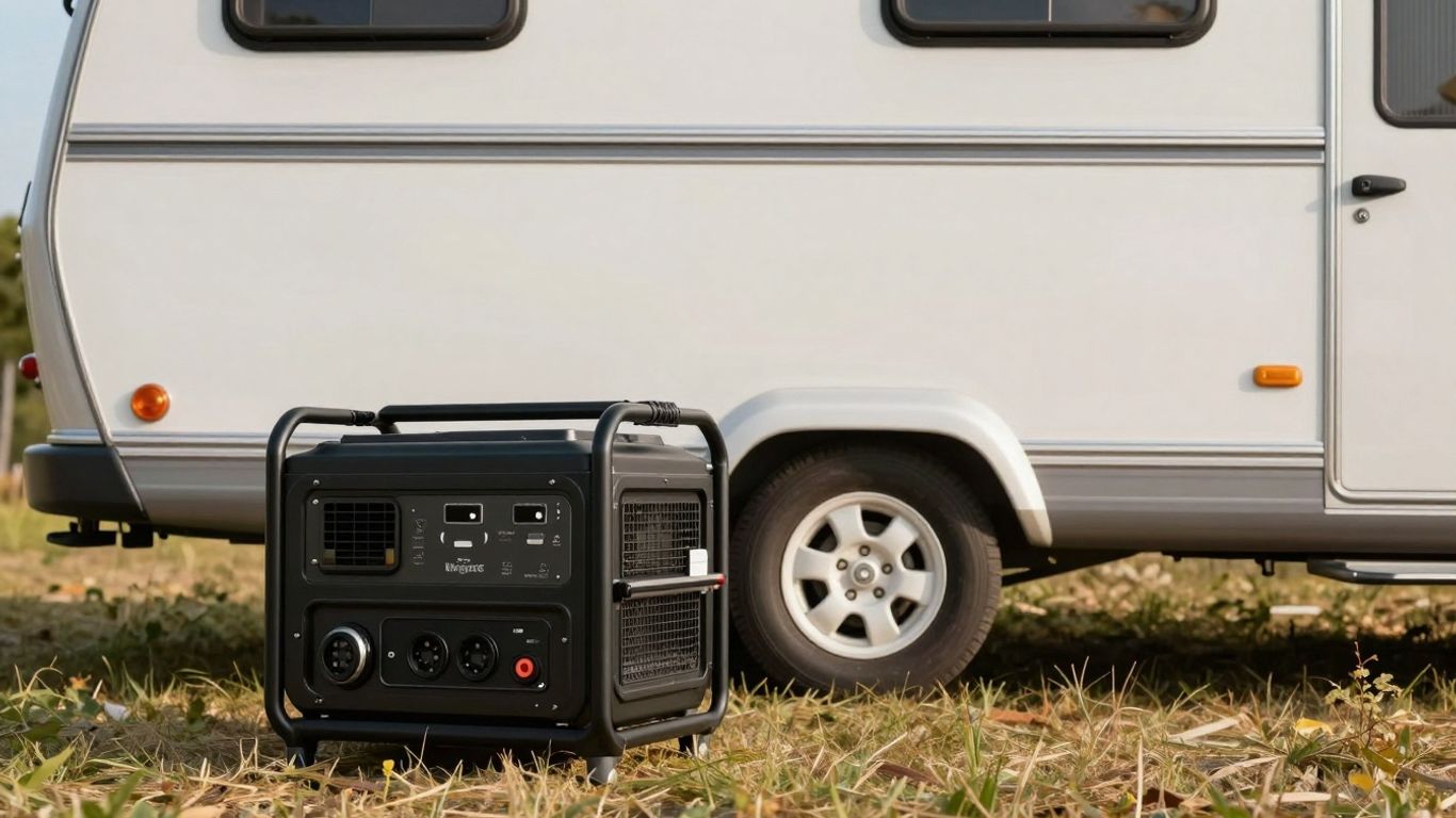 Caravan with a portable generator in a scenic outdoor setting.