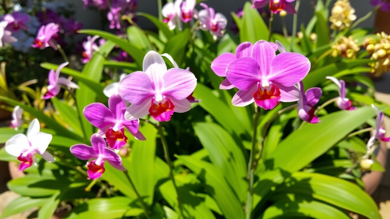 Orquídeas coloridas em ambiente externo, florescendo lindamente.