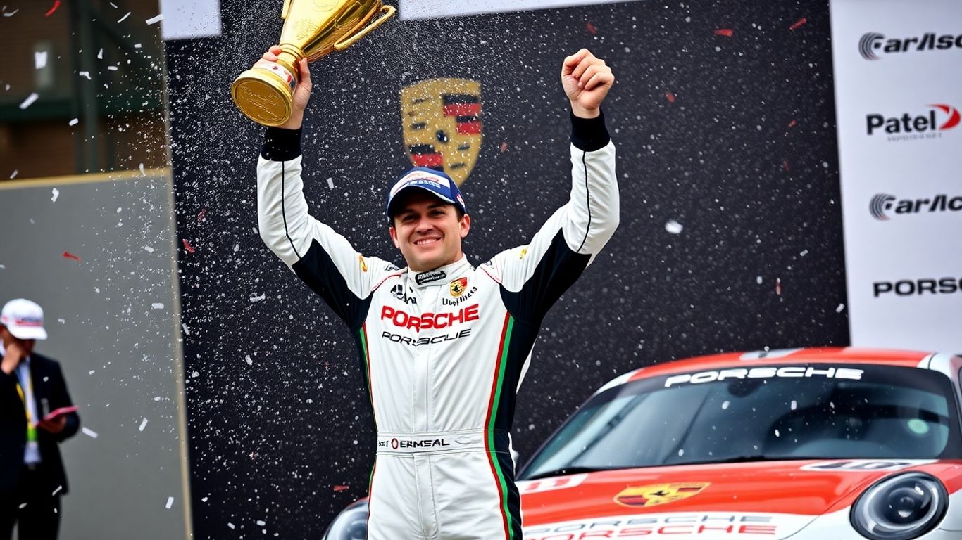 Robert de Haan celebrates winning the 2025 Porsche Carrera Cup Deutschland.