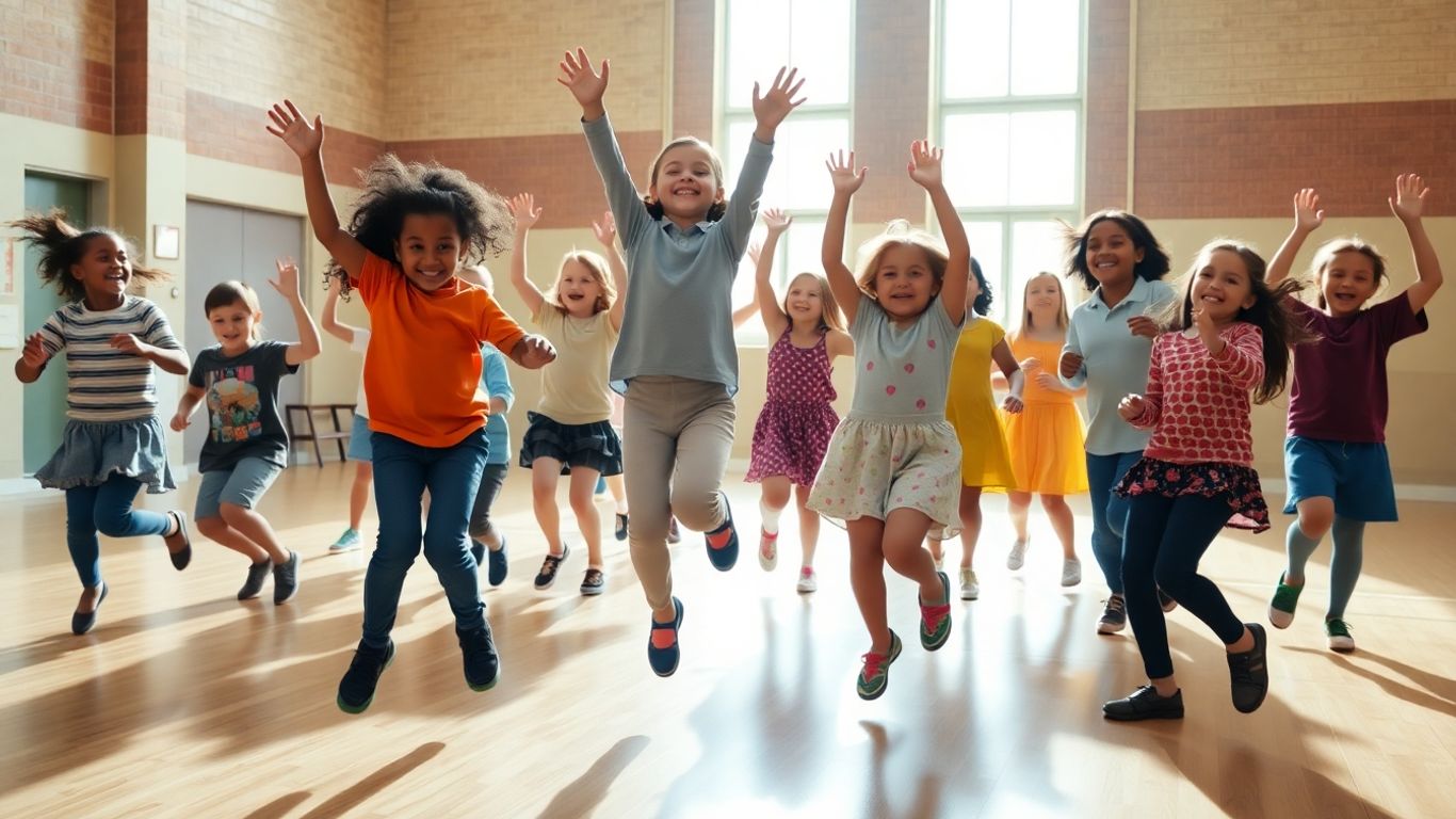 Kinder tanzen ausgelassen im Sportunterricht