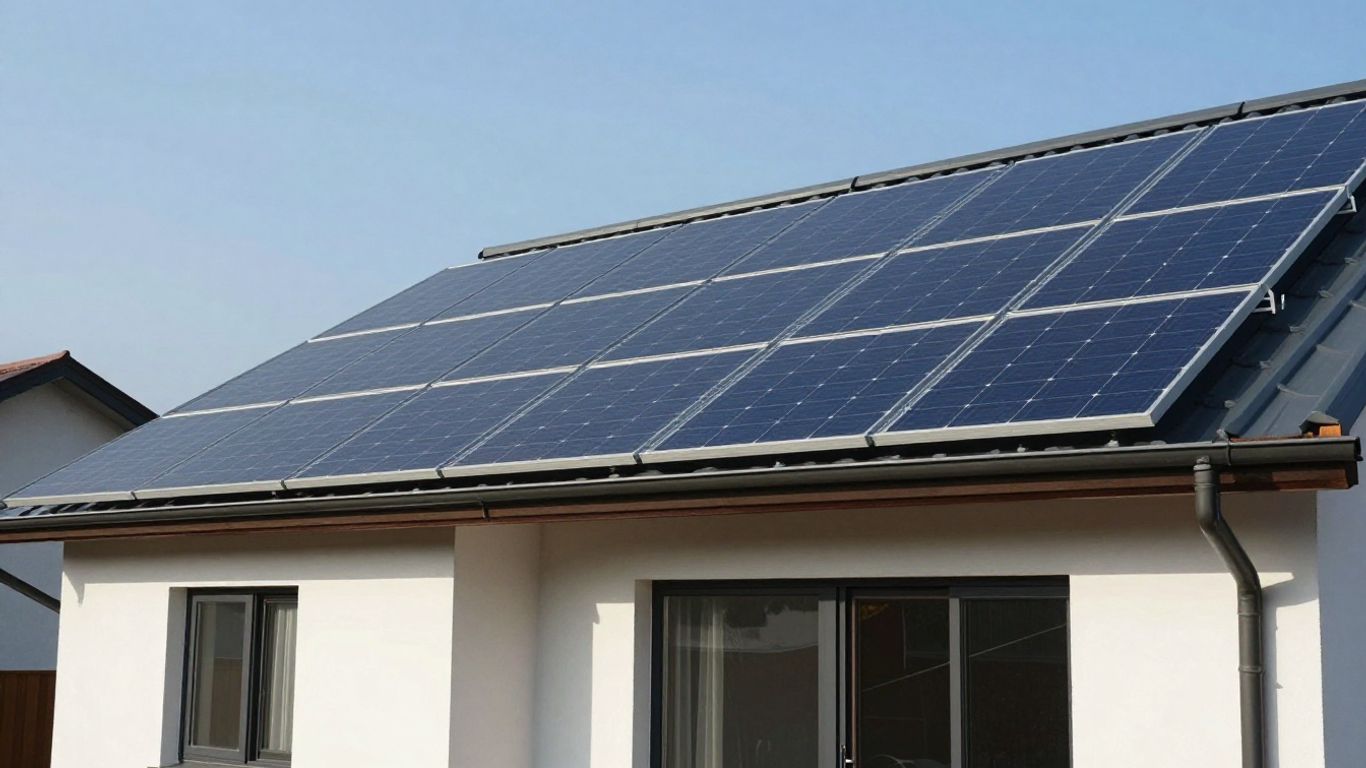 Maison avec panneaux solaires sur le toit sous le soleil.