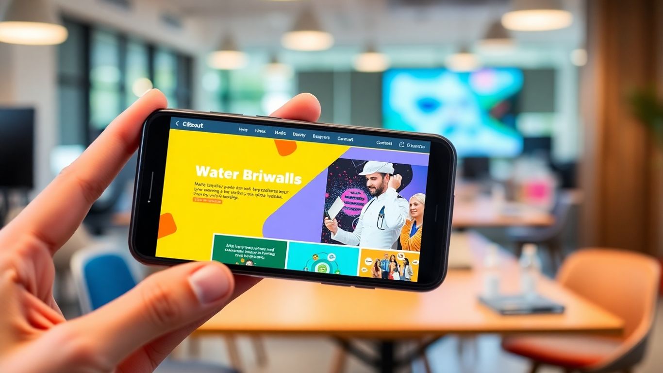 Mobile website design on a smartphone screen.