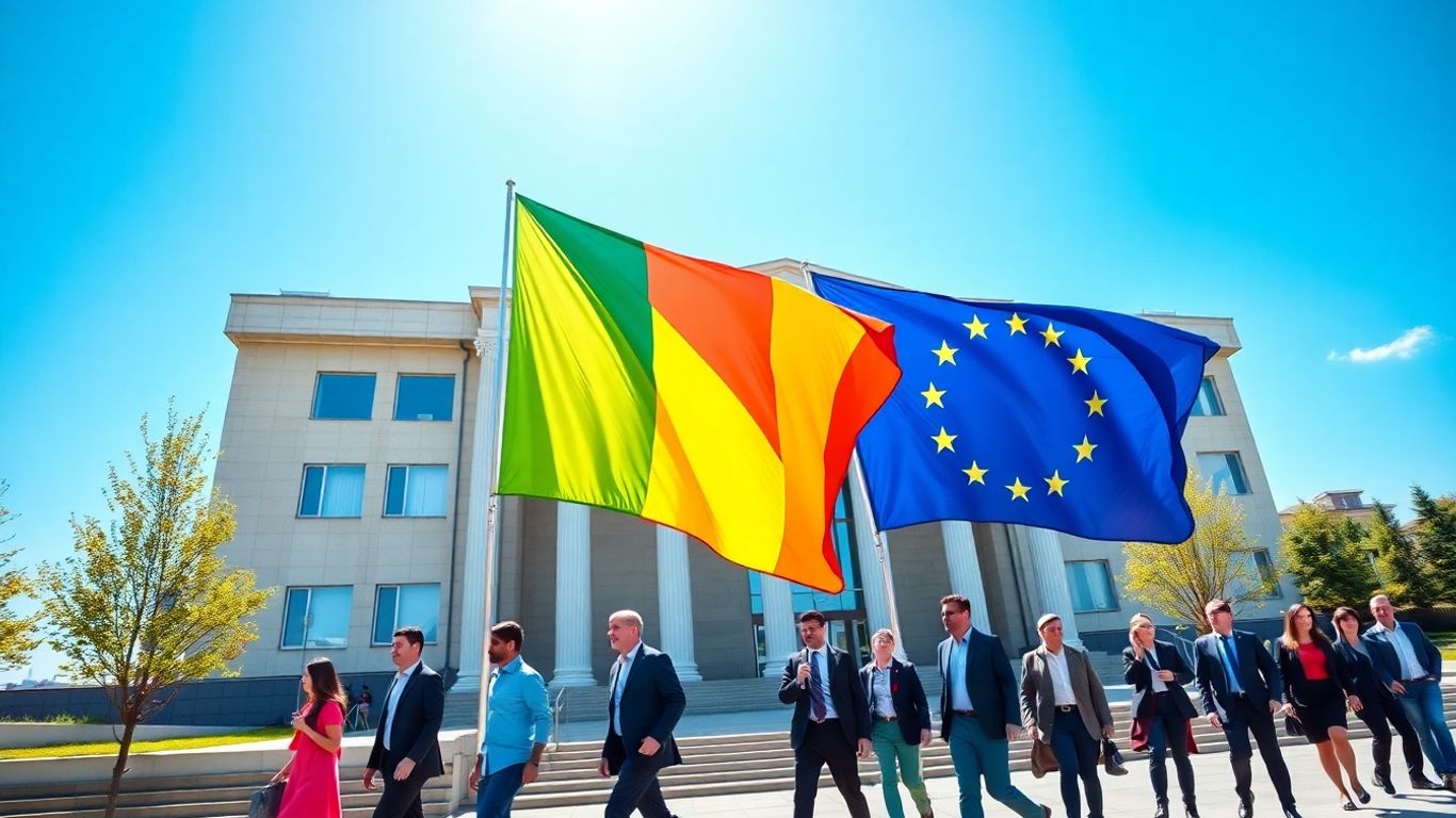 Drapelele UE și România în fața unei clădiri moderne.