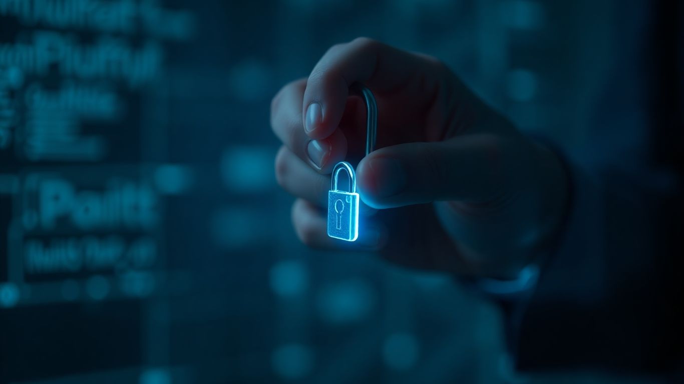 Hands placing key into lock, digital background