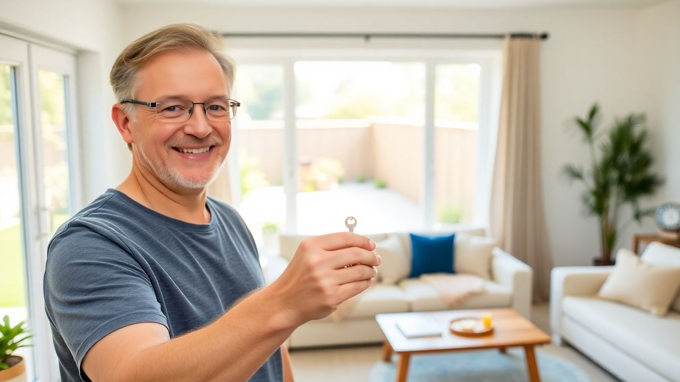 Casa con seguro, llave, familia sonriendo, jardín soleado.