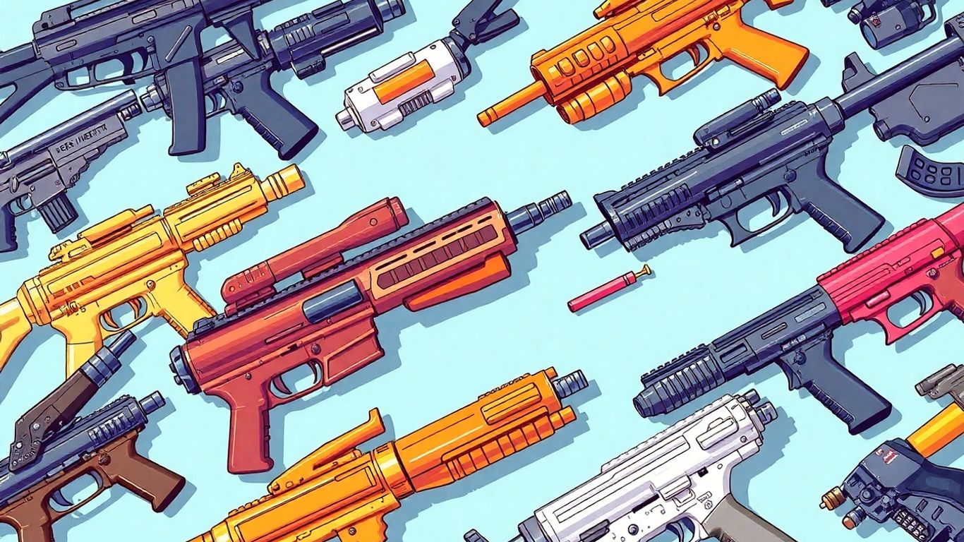 Collection of diverse RPG gun toys with a game feel.