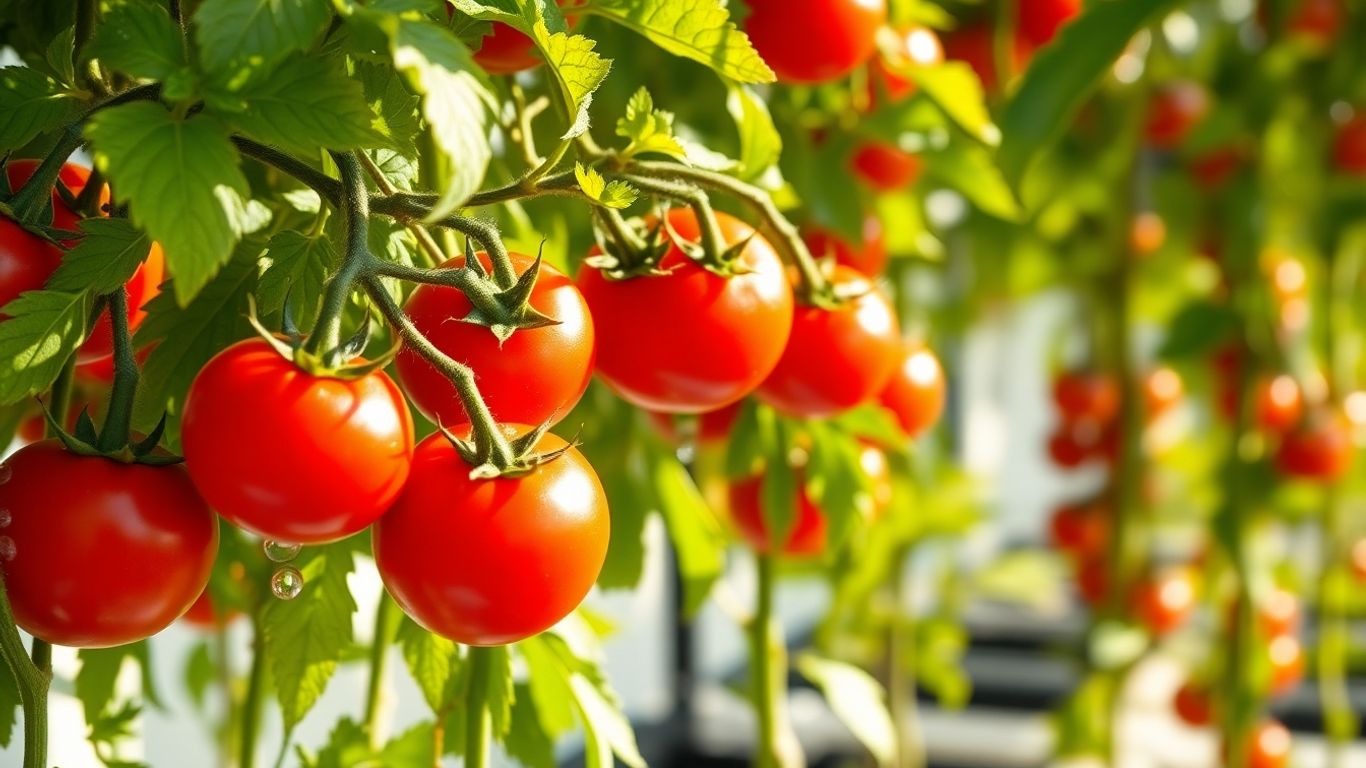 Hydroponic tomatoes growing on green vines with red fruit.