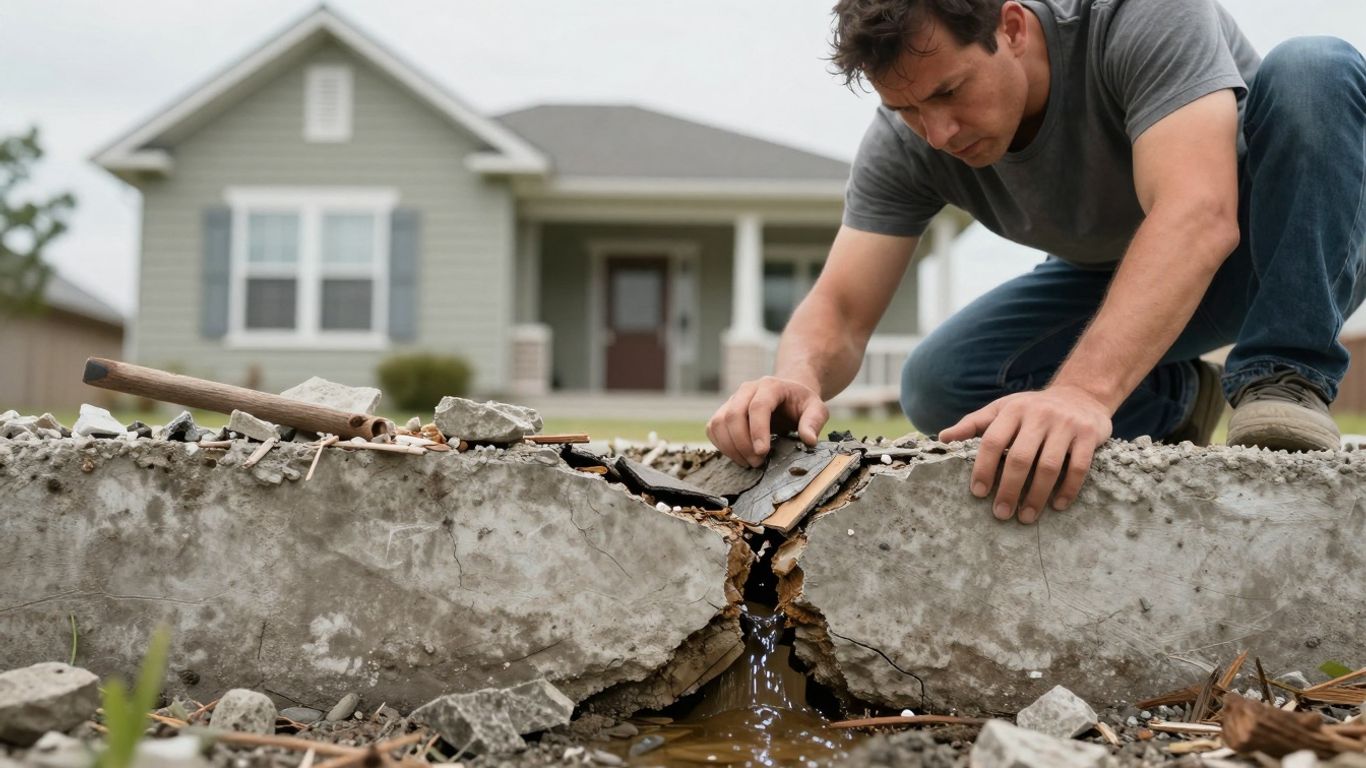 Cracked foundation with water damage and concerned homeowner.