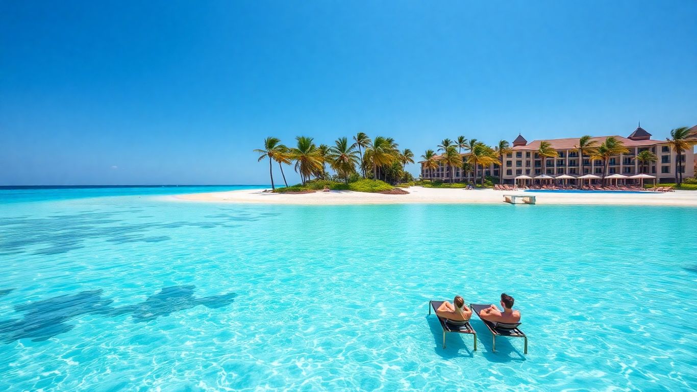 Couple relaxing on a tropical beach with a TUI resort.