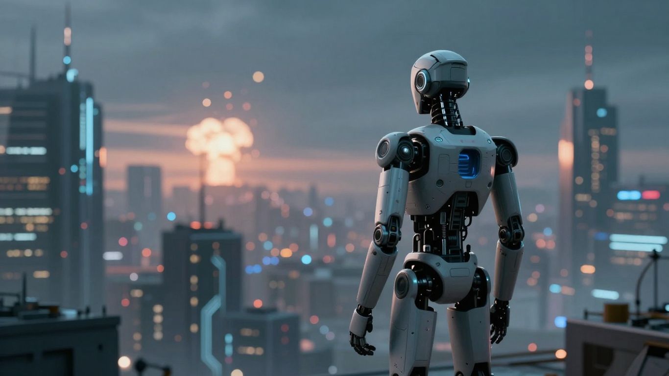 Robot looking at distant explosion in futuristic city.