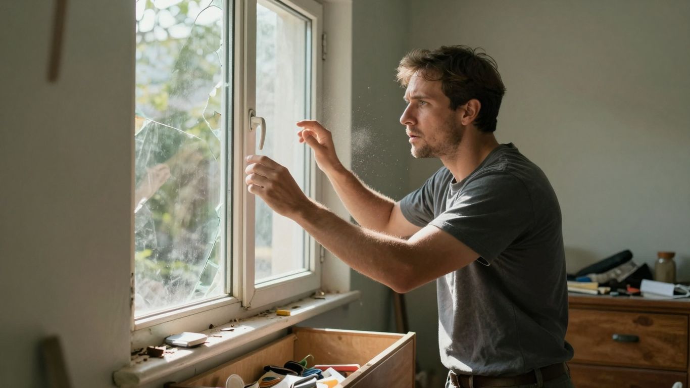 Casa con ventana rota por robo con fuerza.