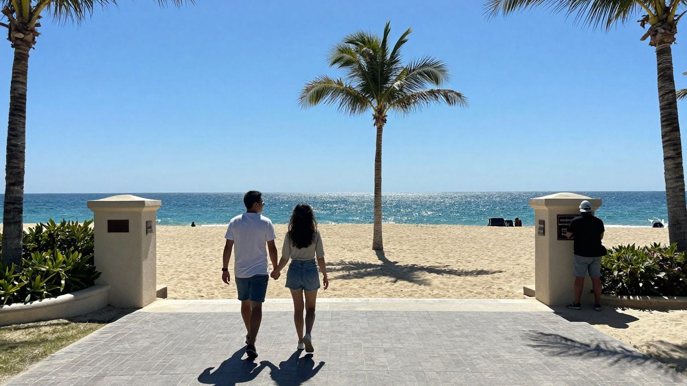 Couple walking away from resort in Cabo, avoiding salesperson.