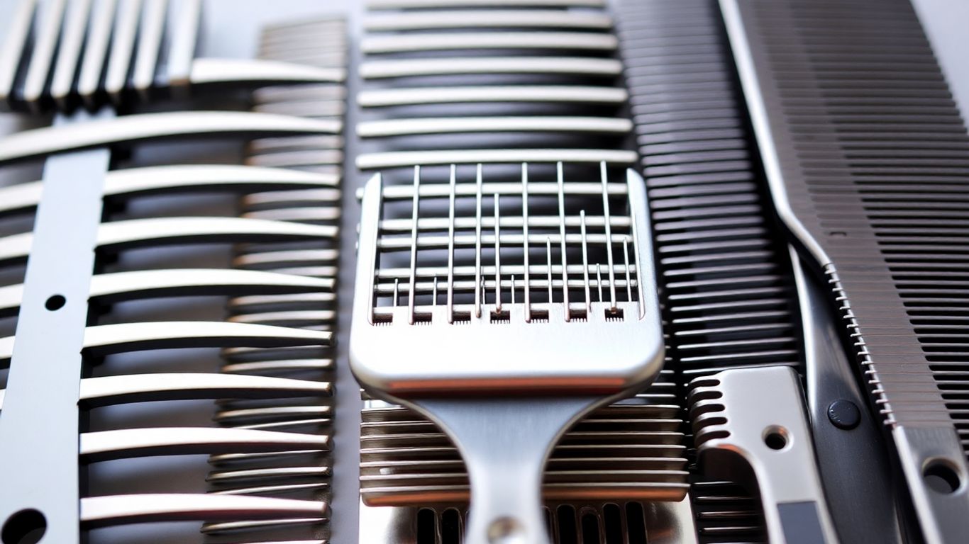 Durable pet grooming comb set with various teeth sizes.