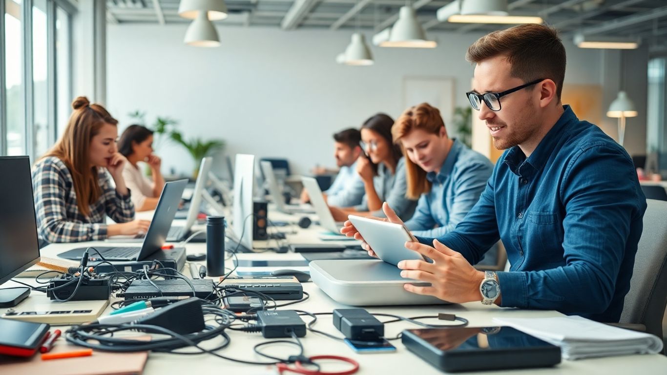Team searching desk for tools and using modern hub.