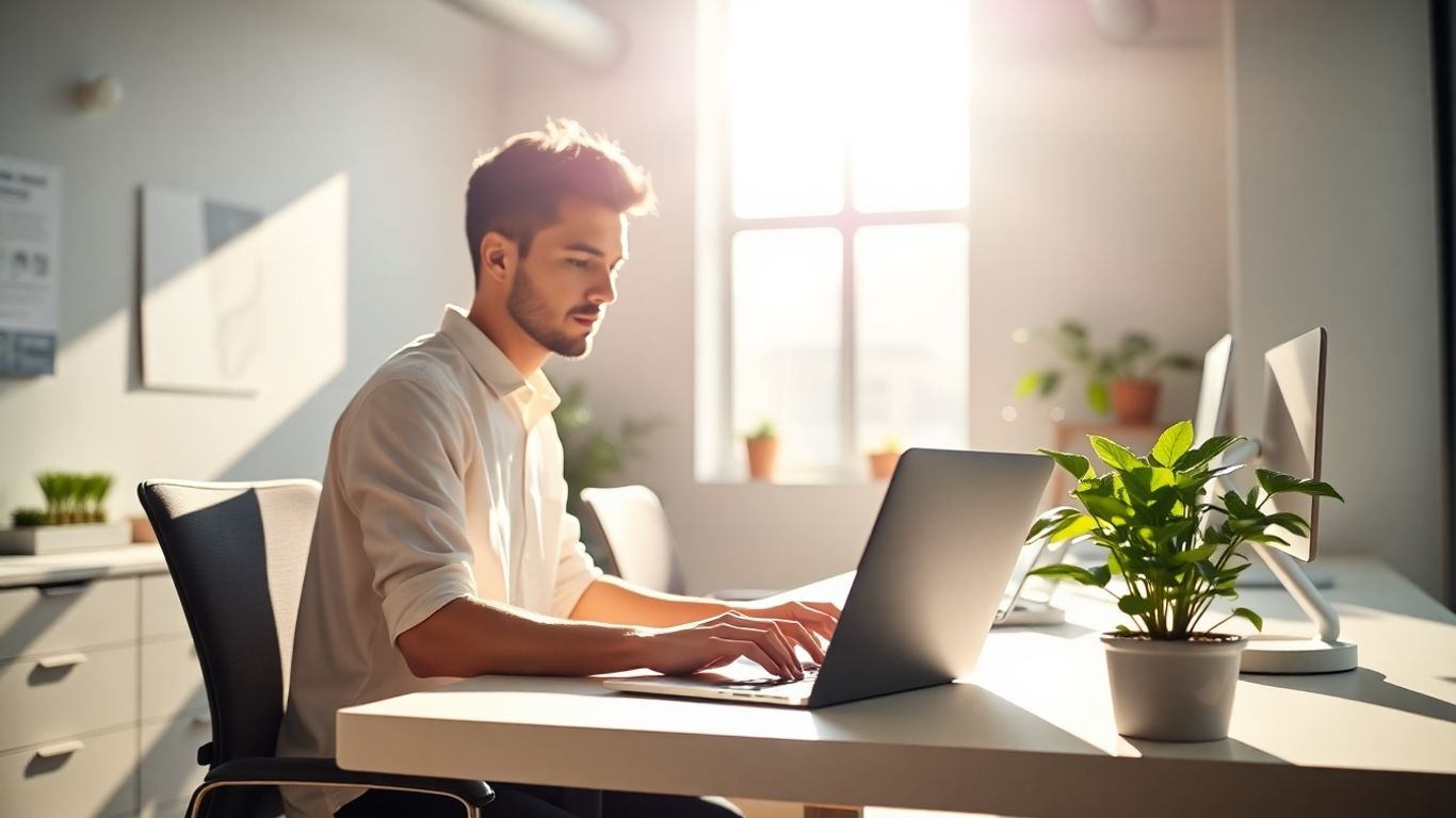 Person working on laptop in a bright, modern office.