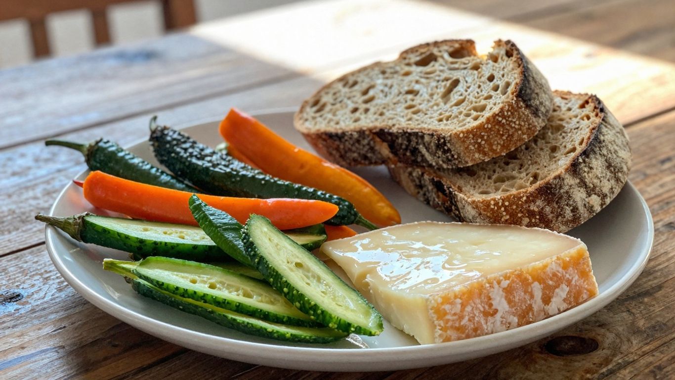 Colourful local food on a rustic table.