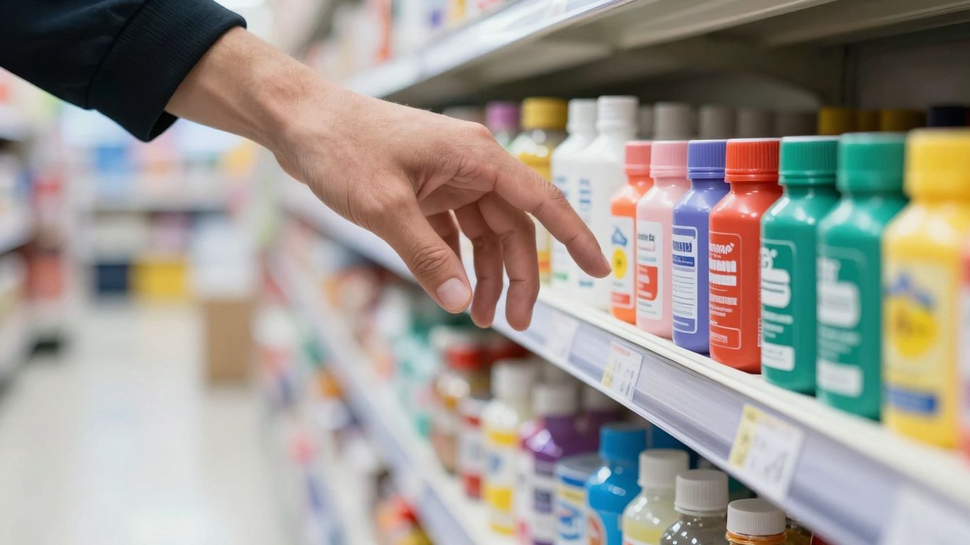 Shopper reaching for a colorful product on a store shelf.