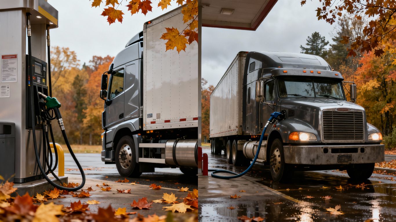 Modern and traditional trucks fueling in autumn setting