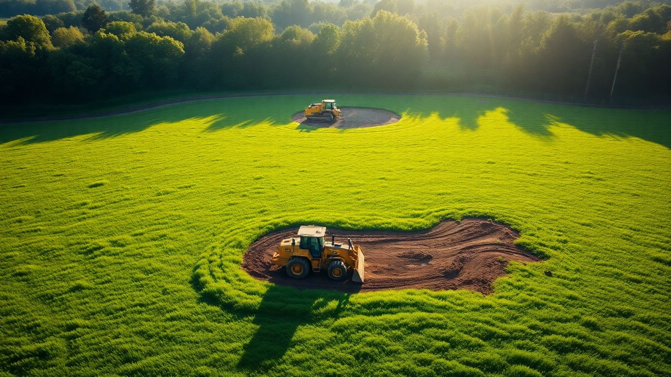 Green landscape with construction equipment.