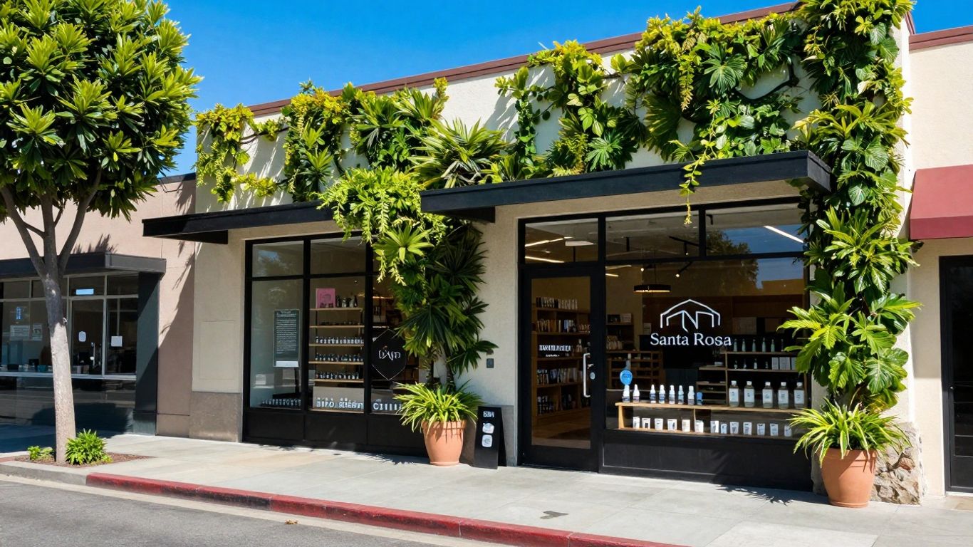 Santa Rosa California dispensary storefront with plants and blue sky.