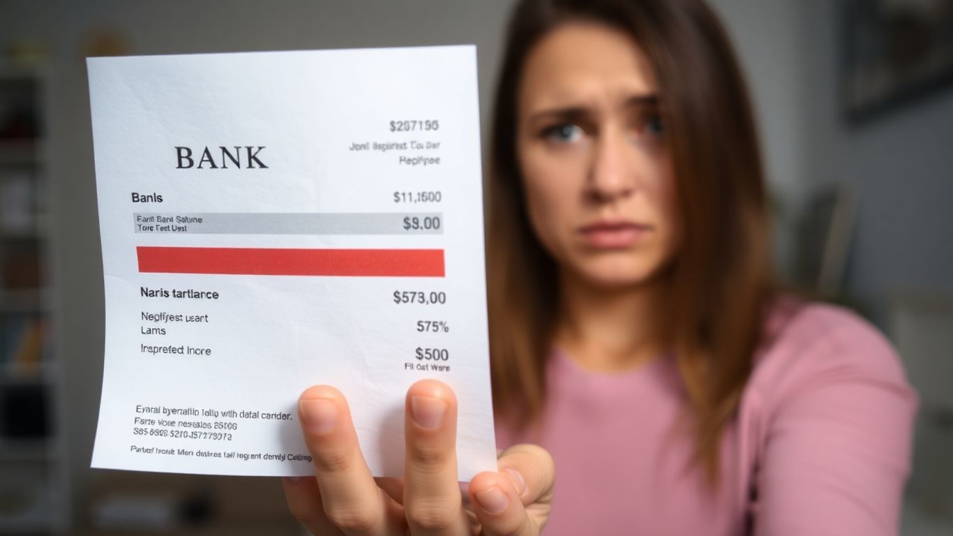 Personne inquiète face à un relevé bancaire négatif.