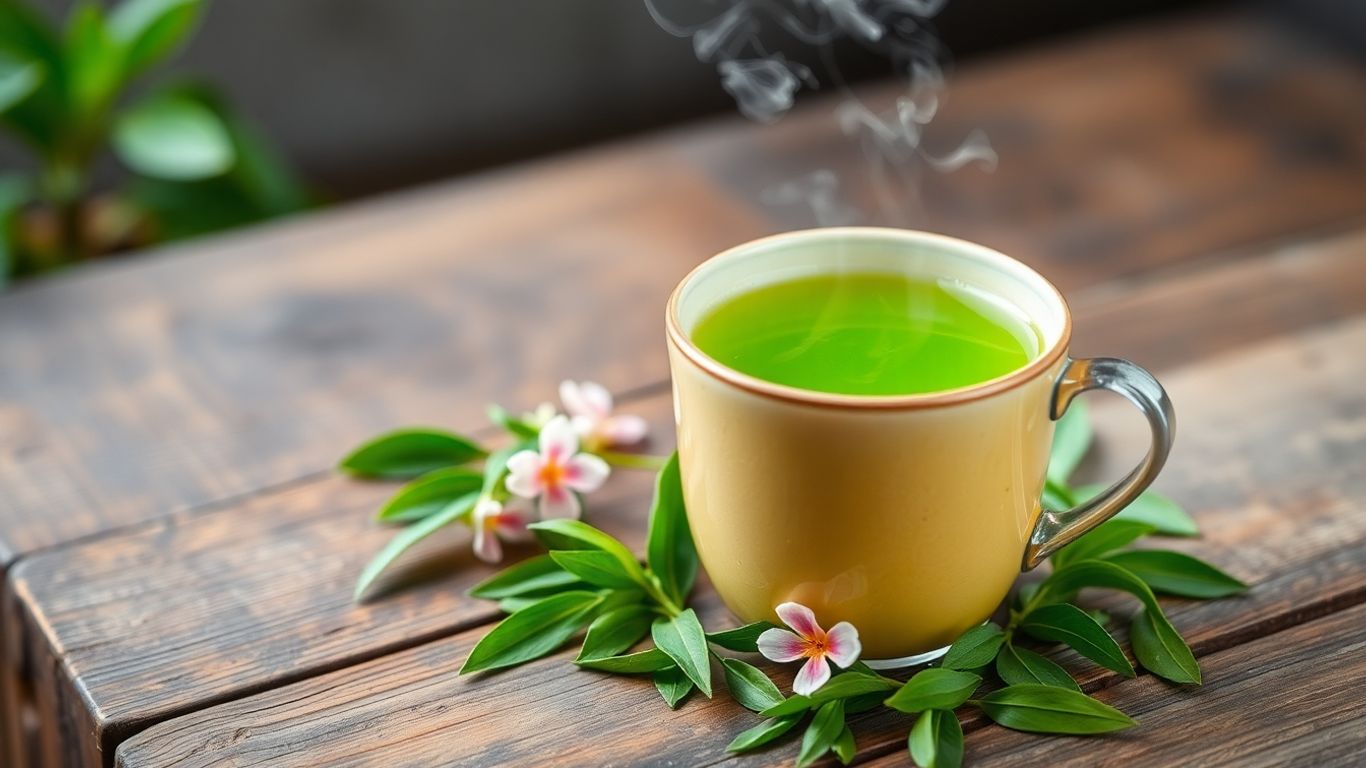 Steaming mug of green tea with fresh leaves.