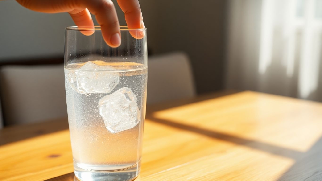 Glass of water with hand reaching for it.