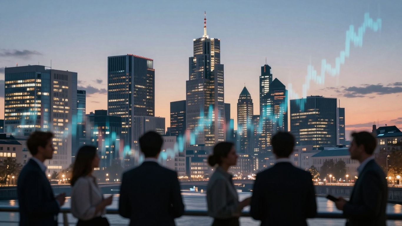 German cityscape with professionals discussing finance.